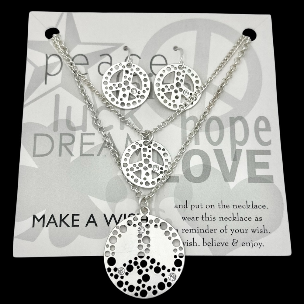 Peace Sign Symbol Matte Silver Tone Double Chain Necklace Earrings Set